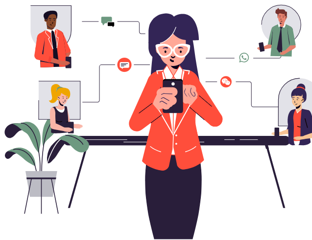 Graphic showing woman who can connect to clients from messaging, social messaging, calls, and more