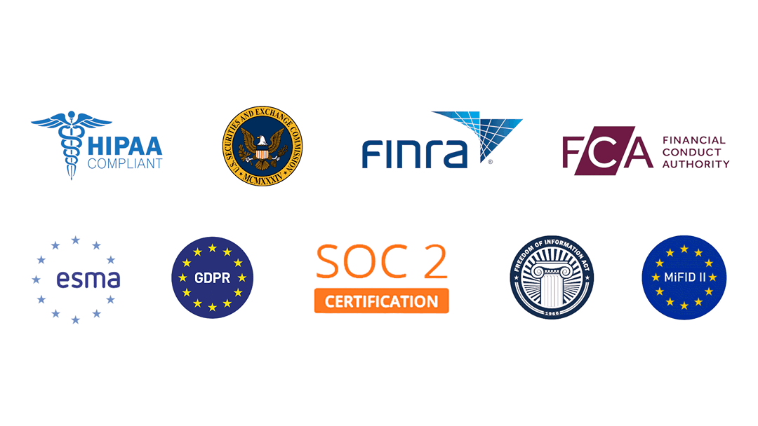 logos scrolling including SOC, HIPPA, FINRA, FCA, GDPR, ESMA, and other certifications