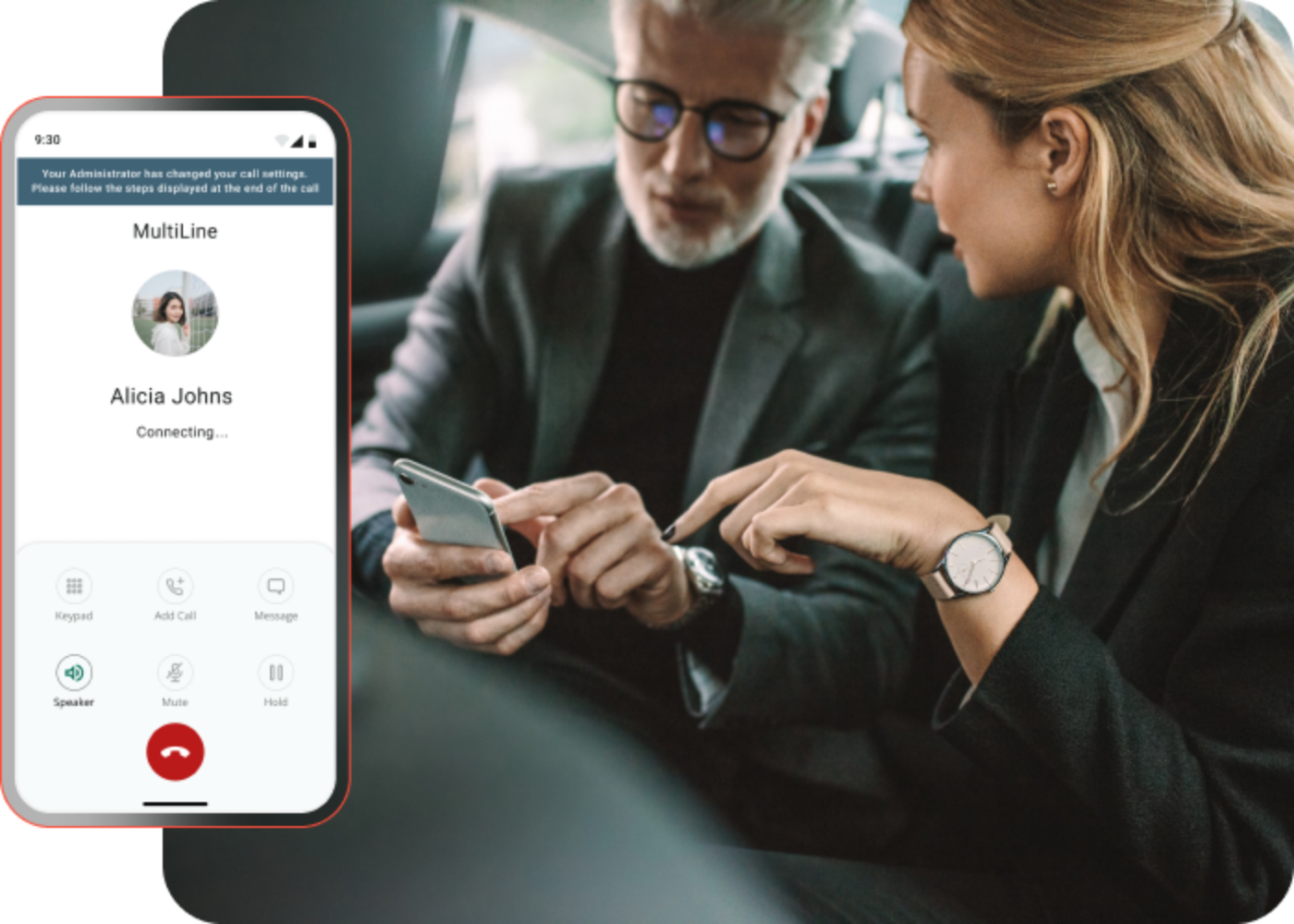 Two people in a car looking at their phone